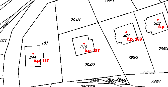 Sehradice 187 na parcele st. 319 v KÚ Sehradice, Katastrální mapa