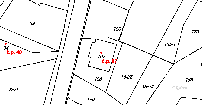 Velíková 27, Zlín na parcele st. 187 v KÚ Velíková, Katastrální mapa
