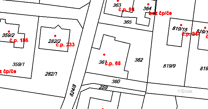 Neplachovice 65 na parcele st. 361 v KÚ Neplachovice, Katastrální mapa