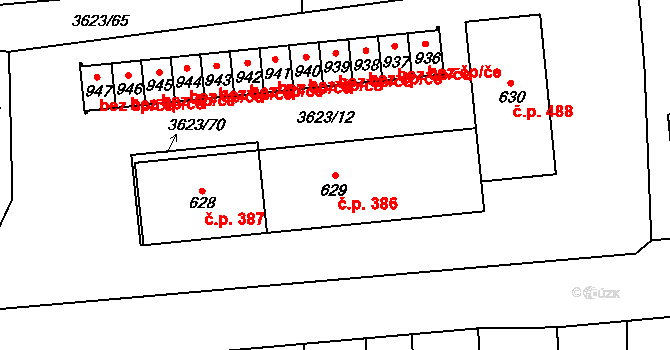 Kožlany 386 na parcele st. 629 v KÚ Kožlany, Katastrální mapa