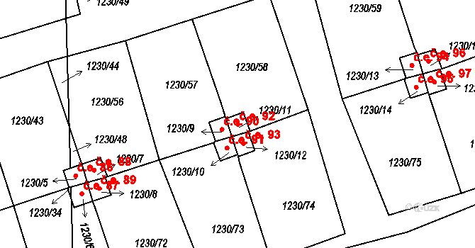 Vejprnice 92 na parcele st. 1230/11 v KÚ Vejprnice, Katastrální mapa