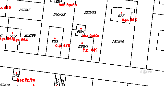 Rosice 449, Pardubice na parcele st. 666/3 v KÚ Rosice nad Labem, Katastrální mapa