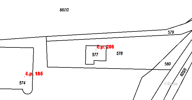 Jestřebí 286, Rájec-Jestřebí na parcele st. 577 v KÚ Jestřebí, Katastrální mapa