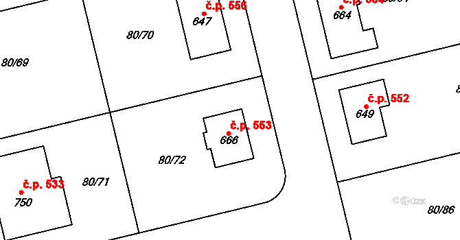 Sibřina 553 na parcele st. 666 v KÚ Sibřina, Katastrální mapa