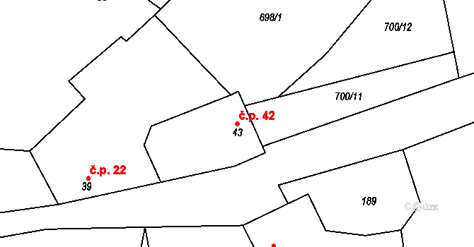 Budkov 42 na parcele st. 43 v KÚ Budkov u Husince, Katastrální mapa