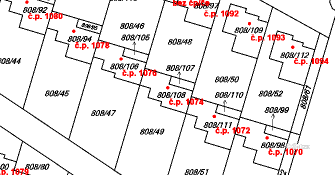 Srubec 1074 na parcele st. 808/108 v KÚ Srubec, Katastrální mapa