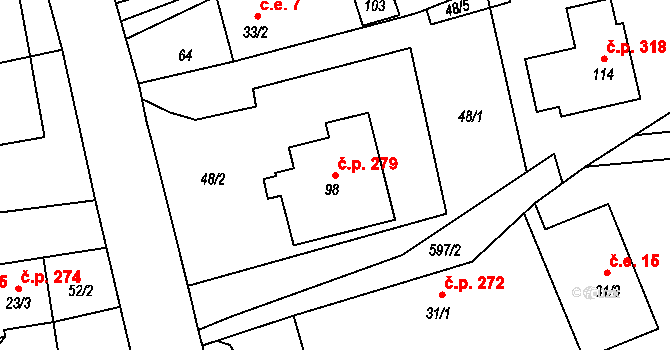 Heřmánky 279 na parcele st. 98 v KÚ Heřmánky nad Odrou, Katastrální mapa