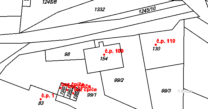 Panoší Újezd 109 na parcele st. 154 v KÚ Panoší Újezd, Katastrální mapa