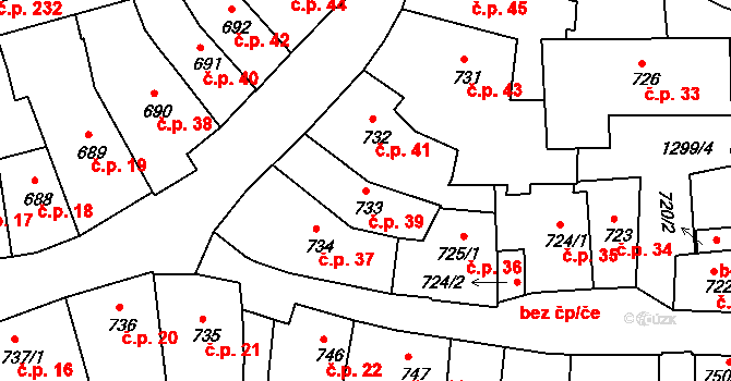 Latrán 39, Český Krumlov na parcele st. 733 v KÚ Český Krumlov, Katastrální mapa