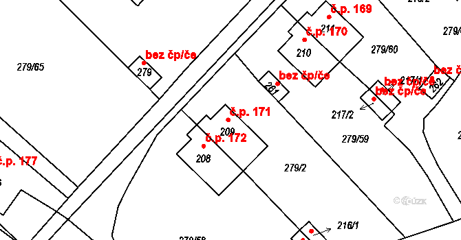 Měcholupy 171 na parcele st. 209 v KÚ Měcholupy u Žatce, Katastrální mapa