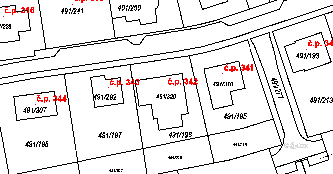 Kanice 342 na parcele st. 491/320 v KÚ Kanice, Katastrální mapa