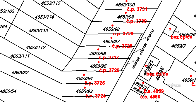 Jihlava 3727 na parcele st. 4653/96 v KÚ Jihlava, Katastrální mapa