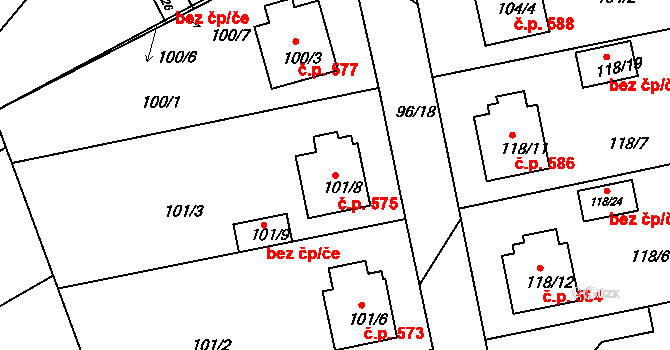 Lyžbice 575, Třinec na parcele st. 101/8 v KÚ Lyžbice, Katastrální mapa