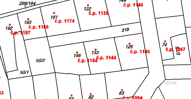 Švermov 1144, Kladno na parcele st. 133 v KÚ Hnidousy, Katastrální mapa