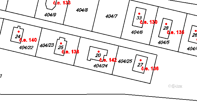 Záhoří 142, Černošín na parcele st. 20 v KÚ Záhoří u Černošína, Katastrální mapa