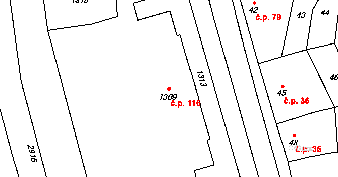 Hlubočky 116 na parcele st. 1309 v KÚ Hlubočky, Katastrální mapa