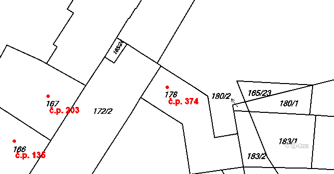 Trnitá 374, Brno na parcele st. 178/1 v KÚ Trnitá, Katastrální mapa