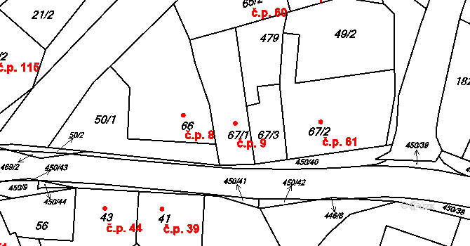 Křetín 9 na parcele st. 67/1 v KÚ Křetín, Katastrální mapa