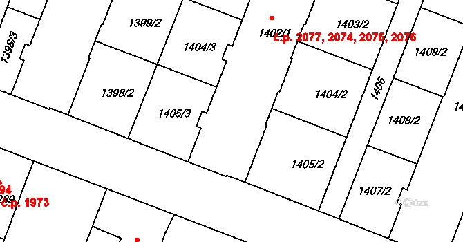Tábor 2074,2075,2076,2077 na parcele st. 1402/1 v KÚ Tábor, Katastrální mapa