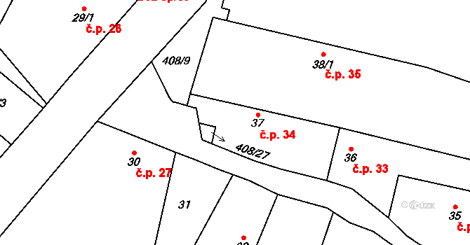 Lužany 34 na parcele st. 37 v KÚ Lužany nad Trotinou, Katastrální mapa