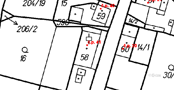 Dlažov 41 na parcele st. 58 v KÚ Dlažov, Katastrální mapa