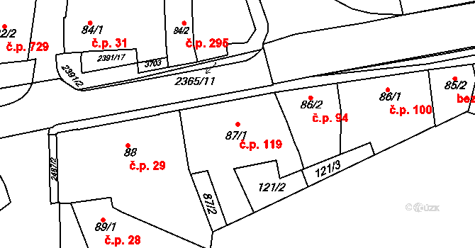 Rosice 119 na parcele st. 87/1 v KÚ Rosice u Brna, Katastrální mapa