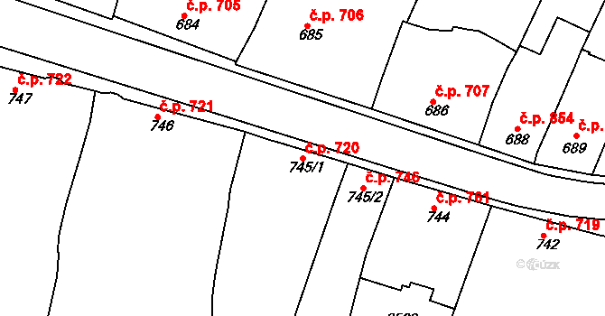 Rosice 720 na parcele st. 745/1 v KÚ Rosice u Brna, Katastrální mapa