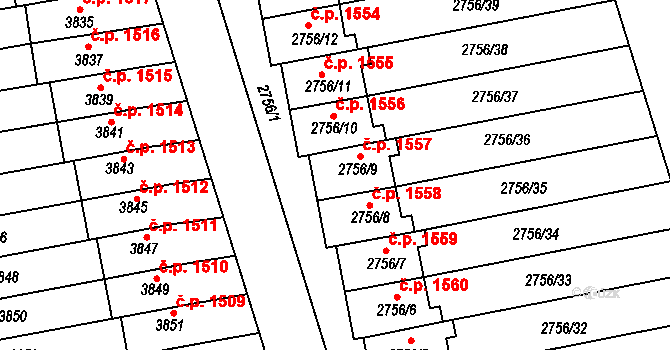 Šlapanice 1557 na parcele st. 2756/9 v KÚ Šlapanice u Brna, Katastrální mapa