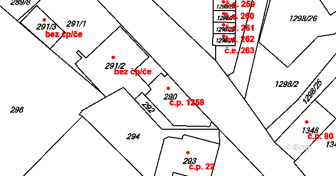 Rumburk 1 1258, Rumburk na parcele st. 290 v KÚ Rumburk, Katastrální mapa