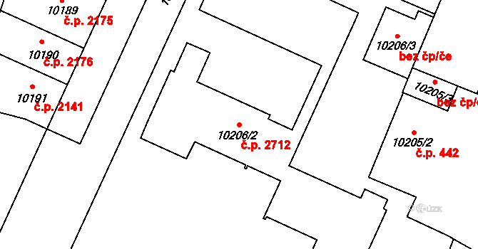 Jižní Předměstí 2712, Plzeň na parcele st. 10206/2 v KÚ Plzeň, Katastrální mapa