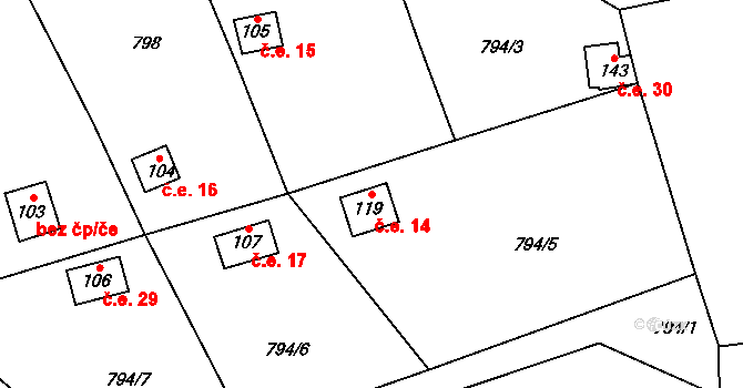 Počeplice 14, Štětí na parcele st. 119 v KÚ Počeplice, Katastrální mapa