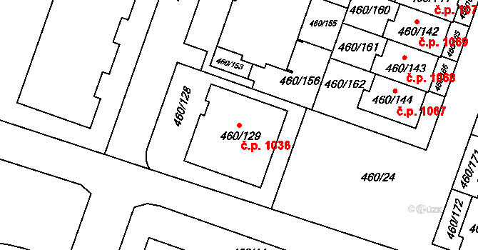 Modřice 1036 na parcele st. 460/129 v KÚ Modřice, Katastrální mapa
