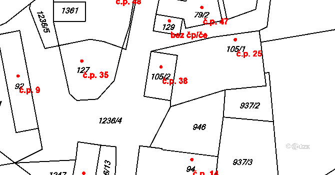 Velké Heřmanice 38, Heřmaničky na parcele st. 105/2 v KÚ Velké Heřmanice, Katastrální mapa