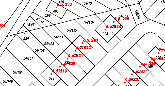 Postřižín 223 na parcele st. 327 v KÚ Postřižín, Katastrální mapa