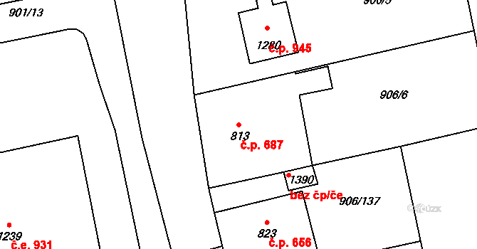 Malenovice 687, Zlín na parcele st. 813 v KÚ Malenovice u Zlína, Katastrální mapa