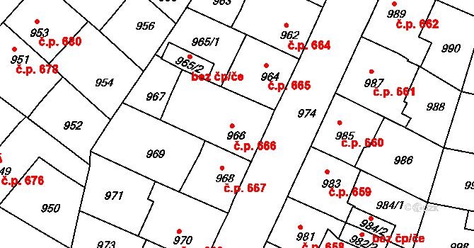 Třešť 666 na parcele st. 966 v KÚ Třešť, Katastrální mapa