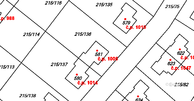 Rudná 1005 na parcele st. 581 v KÚ Hořelice, Katastrální mapa