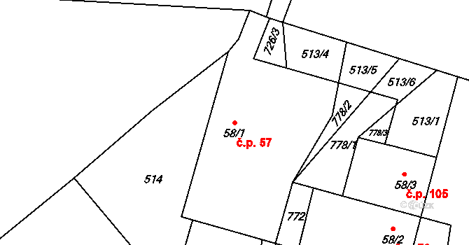 Vlkovice 57, Fulnek na parcele st. 58/1 v KÚ Slezské Vlkovice, Katastrální mapa