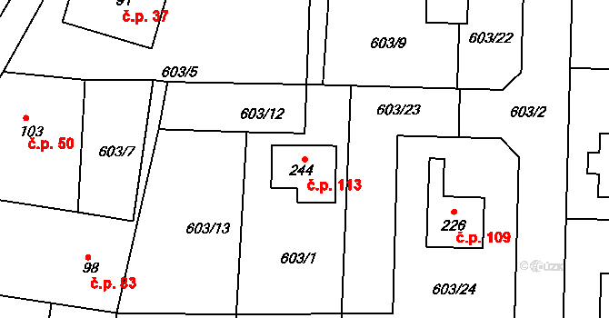Dolní Přím 113 na parcele st. 244 v KÚ Dolní Přím, Katastrální mapa