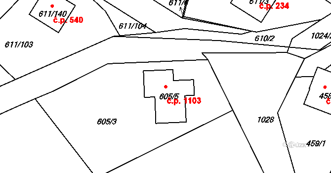Srubec 1103 na parcele st. 605/5 v KÚ Srubec, Katastrální mapa