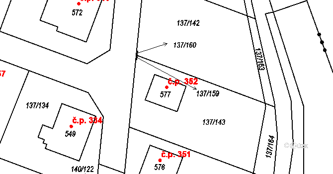 Příchovice 352 na parcele st. 577 v KÚ Příchovice u Přeštic, Katastrální mapa