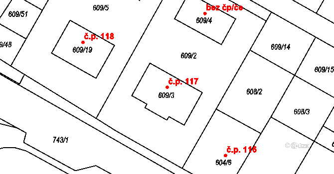 Kelčice 117, Vranovice-Kelčice na parcele st. 609/3 v KÚ Kelčice, Katastrální mapa