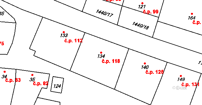 Mašovice 118 na parcele st. 134 v KÚ Mašovice u Znojma, Katastrální mapa