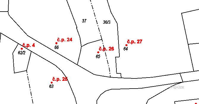 Jindice 26, Rašovice na parcele st. 65 v KÚ Jindice, Katastrální mapa