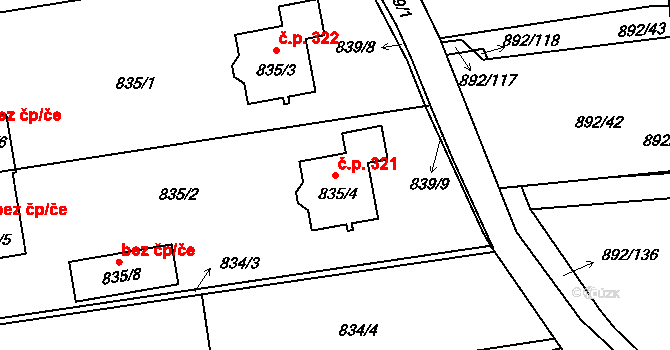 Srubec 321 na parcele st. 835/4 v KÚ Srubec, Katastrální mapa