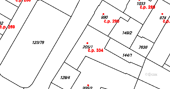 Telč-Štěpnice 334, Telč na parcele st. 205/1 v KÚ Telč, Katastrální mapa