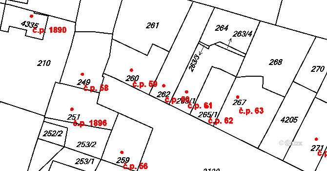 Čelákovice 60 na parcele st. 262 v KÚ Čelákovice, Katastrální mapa