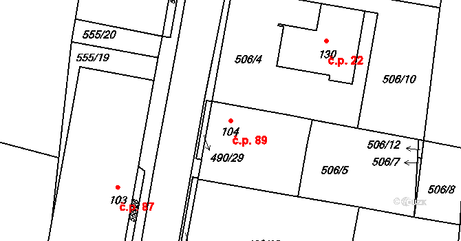 Miletice 89, Černuc na parcele st. 104 v KÚ Miletice u Velvar, Katastrální mapa