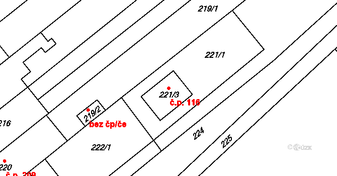 Tetčice 116 na parcele st. 221/3 v KÚ Tetčice, Katastrální mapa
