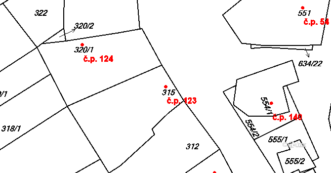 Šardice 123 na parcele st. 315 v KÚ Šardice, Katastrální mapa